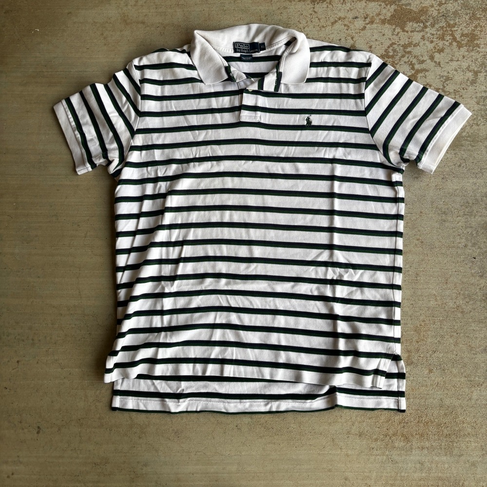 Polo Ralph Lauren Mens XL Striped Polo Shirt White Navy Cotton Short Sleeve